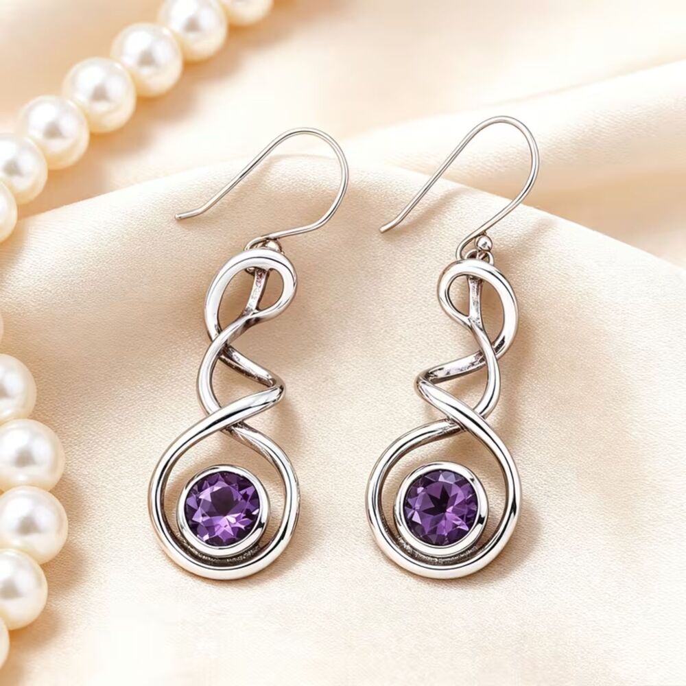 Silver Open Spiral Purple Crystal Dangle Earrings Round Drop Zirconia Gemstone
